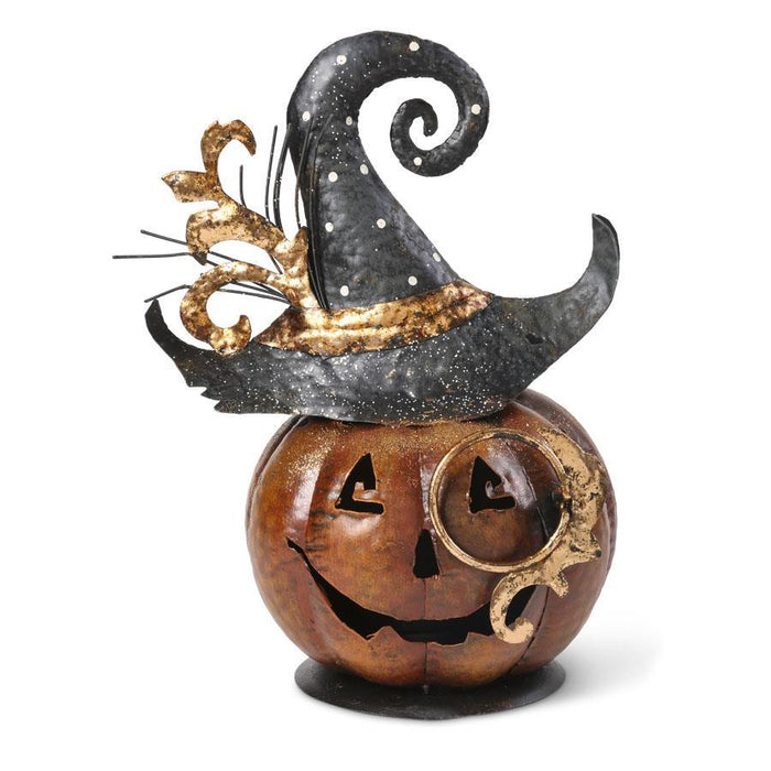 Decorative Halloween pumpkin with a witch hat on a white background