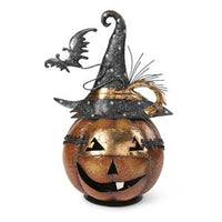 Design Shop 13 Inch Metal Jack O Lantern Candleholder w/Witch Hat and Bat