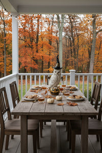 Decorative owl figurine wearing a black witch hat perched on a pumpkin jack-o'-lantern centerpiece on a rustic wooden porch dining table. The table is elegantly set with artisan dinnerware, crystal glassware, cookies, pastries, and white heirloom pumpkins, overlooking brilliant autumn foliage. The scene evokes refined Halloween entertaining with elevated New England charm and cozy Northeast Connecticut home style.