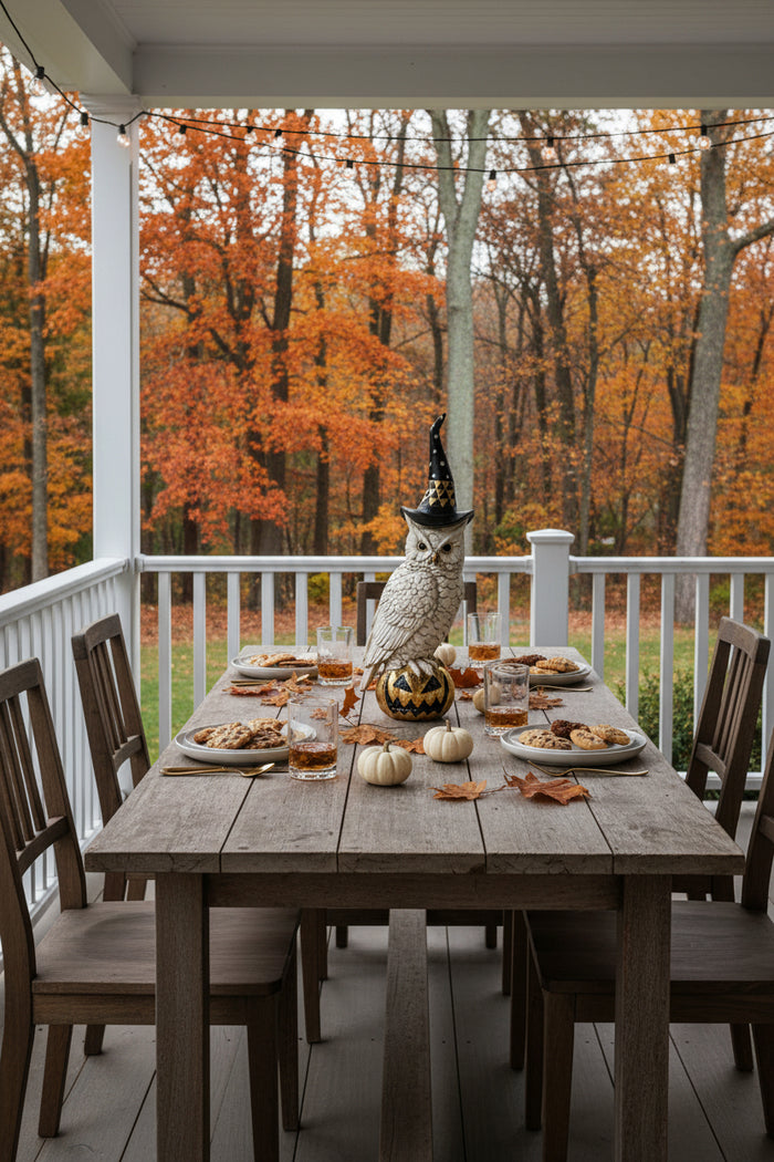 Decorative owl figurine wearing a black witch hat perched on a pumpkin jack-o'-lantern centerpiece on a rustic wooden porch dining table. The table is elegantly set with artisan dinnerware, crystal glassware, cookies, pastries, and white heirloom pumpkins, overlooking brilliant autumn foliage. The scene evokes refined Halloween entertaining with elevated New England charm and cozy Northeast Connecticut home style.
