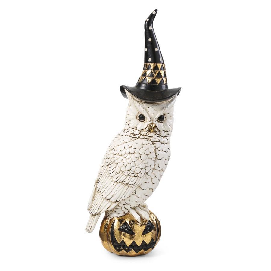 Design Shop 14 Inch White And Gold Owl W/Witch Hat On Gold Jack O Lantern