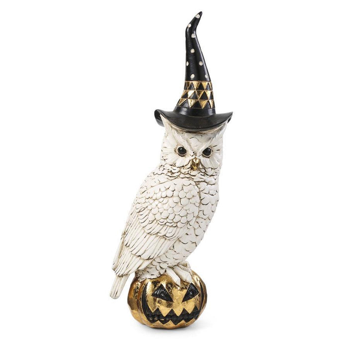 Design Shop 14 Inch White And Gold Owl W/Witch Hat On Gold Jack O Lantern
