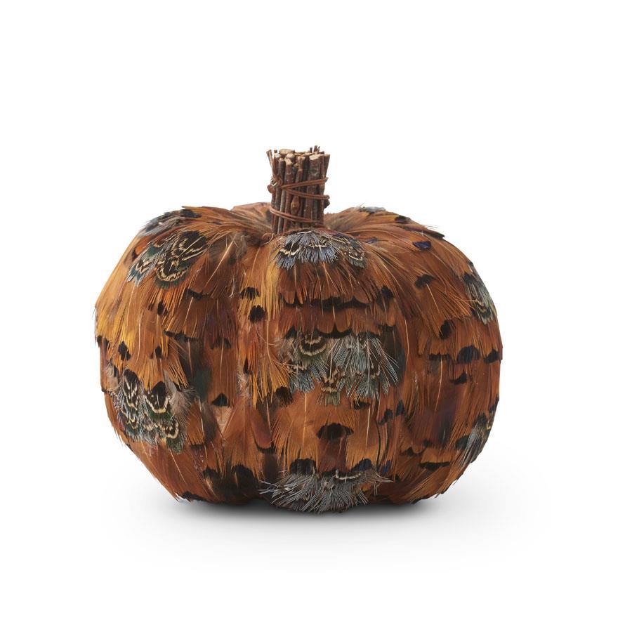 Design Shop 5 Inch Orange &amp; Brown Feather Pumpkin W/twig Stem