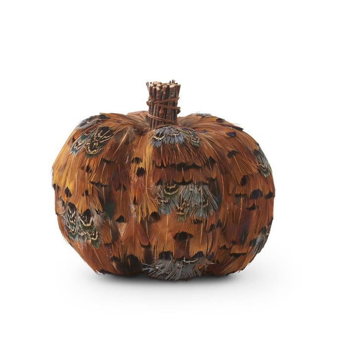 Design Shop 5 Inch Orange &amp; Brown Feather Pumpkin W/twig Stem