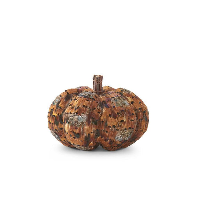 Design Shop 6.5 Inch Orange &amp; Brown Feather Pumpkin W/twig Stem