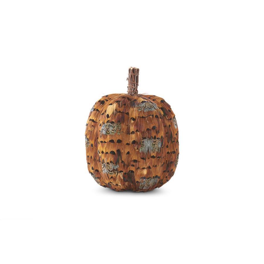 Design Shop 9 Inch Orange &amp; Brown Feather Pumpkin W/twig Stem