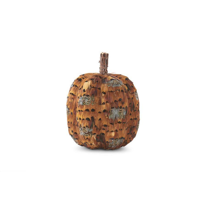 Design Shop 9 Inch Orange &amp; Brown Feather Pumpkin W/twig Stem