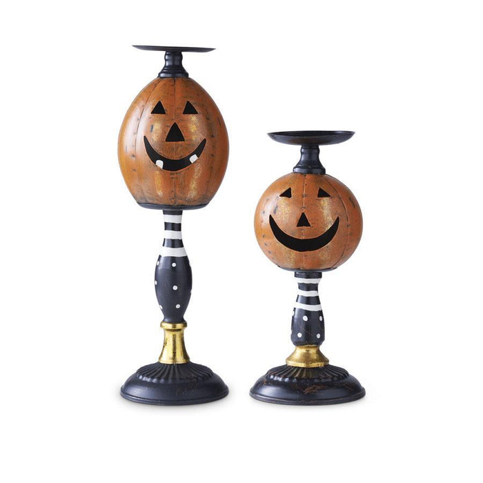 Design Shop Set of 2 Jack O Lantern Candleholders on Black & White Spindle Base