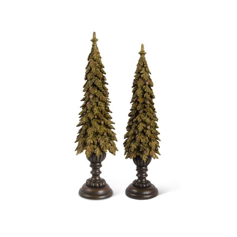Shell Design Shop Set of 2 Resin Brown Oak Leaf Trees w/ Acorns On Pedestals