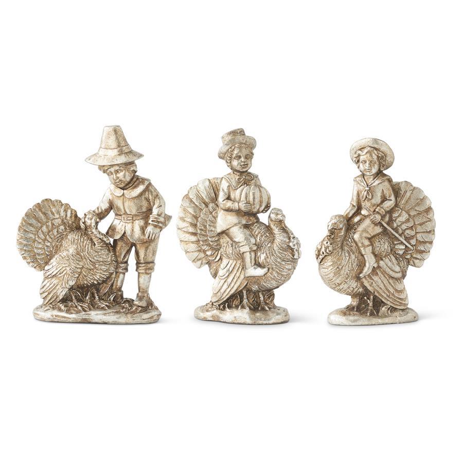 Design Shop Assorted 7.25 Inch Antique Silver Resin Children w/Turkeys. Set of 3.