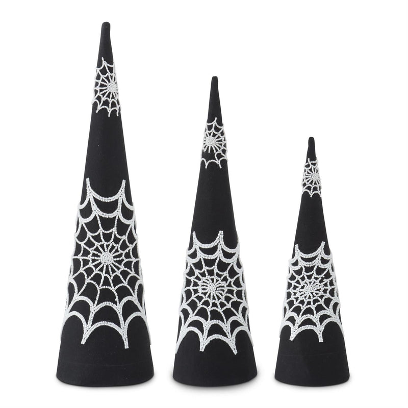 Design Shop Set of 3 Black Cone Trees w/White Beaded Spider Web