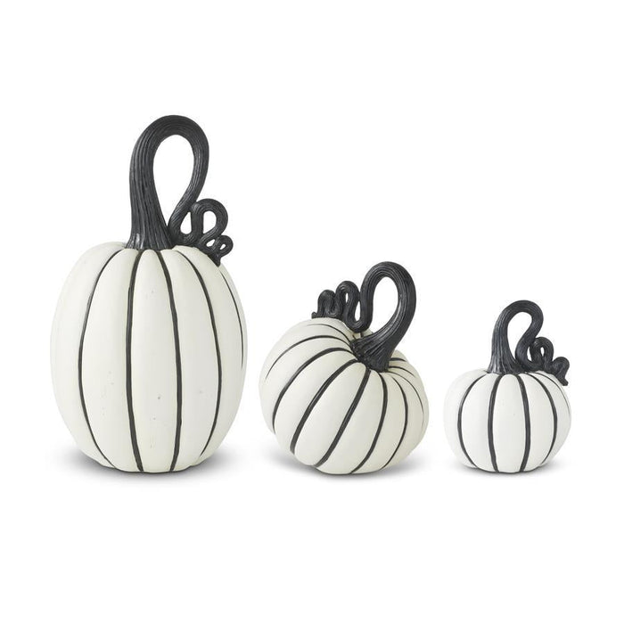 Design Shop Set Of 3 White & Black Striped Resin Pumpkins W/Curly Stems