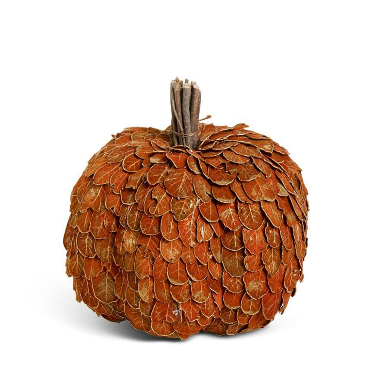 Shell Design Shop 7.5 Inch Orange & Gold Leaf Pumpkin w/ Twig Stem