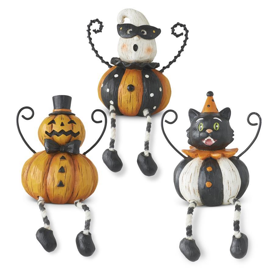 Shell Design Shop Assorted 7 Inch Resin Halloween Shelf Sitters w/ Wire Arms. Set of 3.