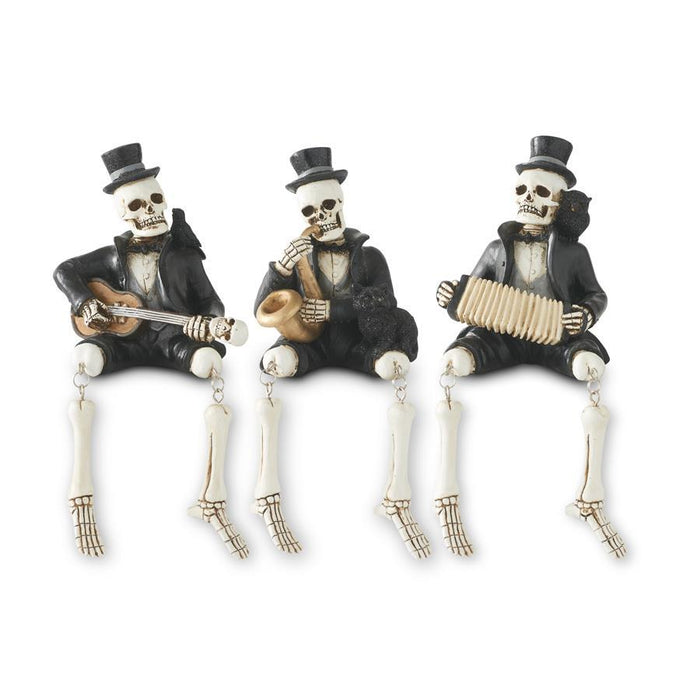 Three skeleton figures in formal attire playing musical instruments on a white background