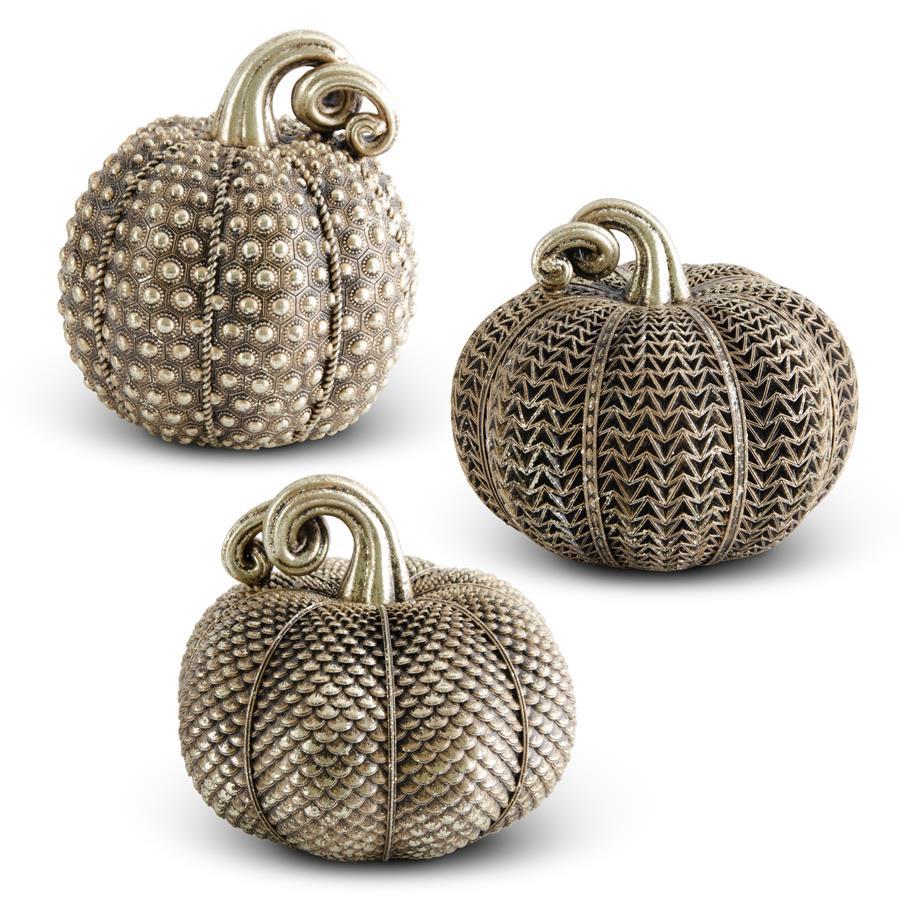 Shell Design Shop Assorted Resin Antique Gold Textured Pumpkins Set of 3.