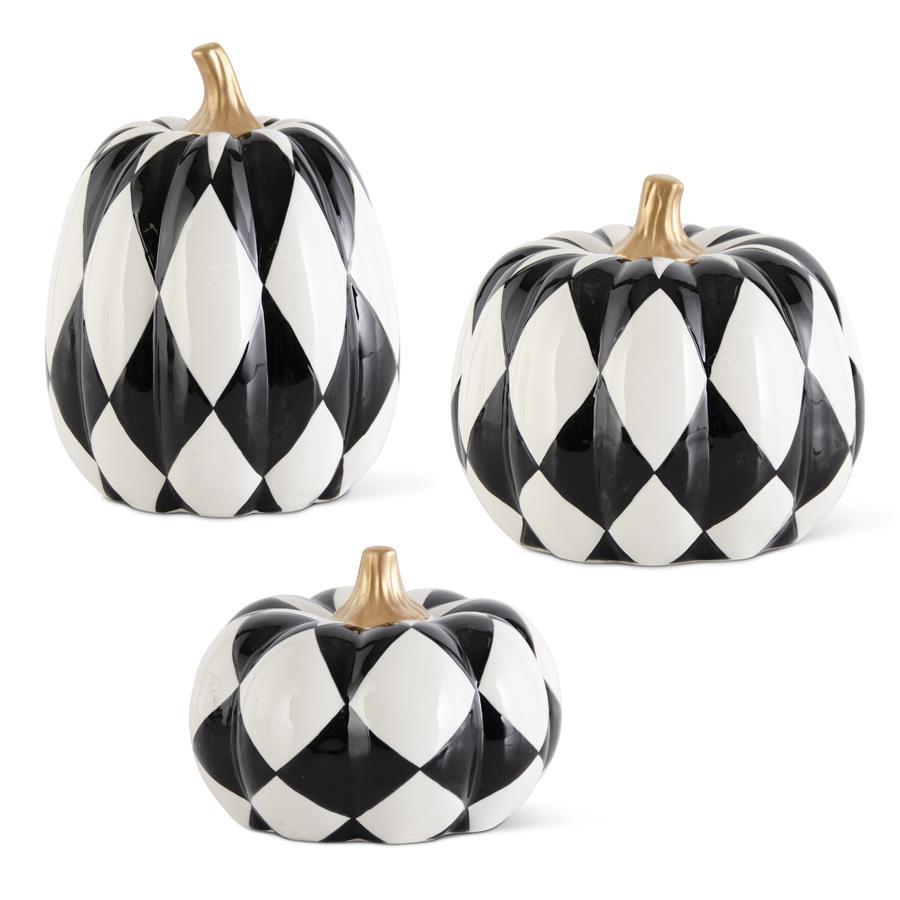 Shell Design Shop Set of 3 Ceramic Black & White Harlequin Pumpkins w/ Gold Stems