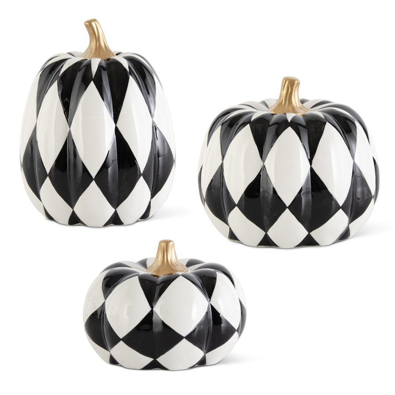 Shell Design Shop Set of 3 Ceramic Black & White Harlequin Pumpkins w/ Gold Stems