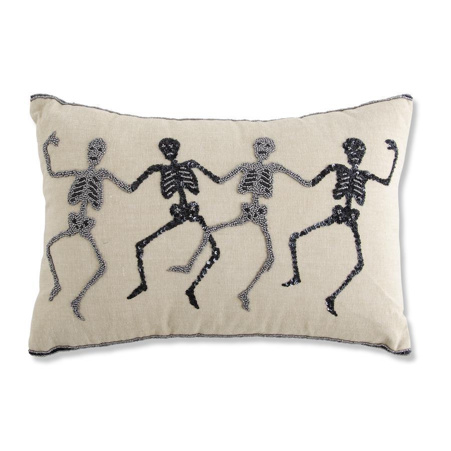 Design Shop 18 Inch Tan Rectangle Halloween Pillow w/Beaded Skeletons