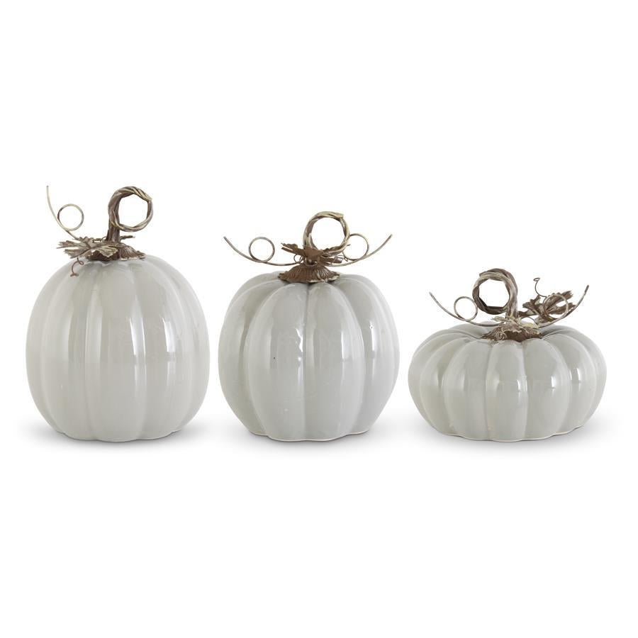 Shell Design Shop Set of 3 Gray Ceramic Pumpkins w/ Metal Stems