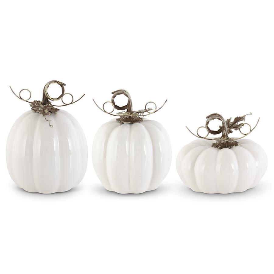 Design Shop Set of 3 White Ceramic Pumpkins W/Metal Stems