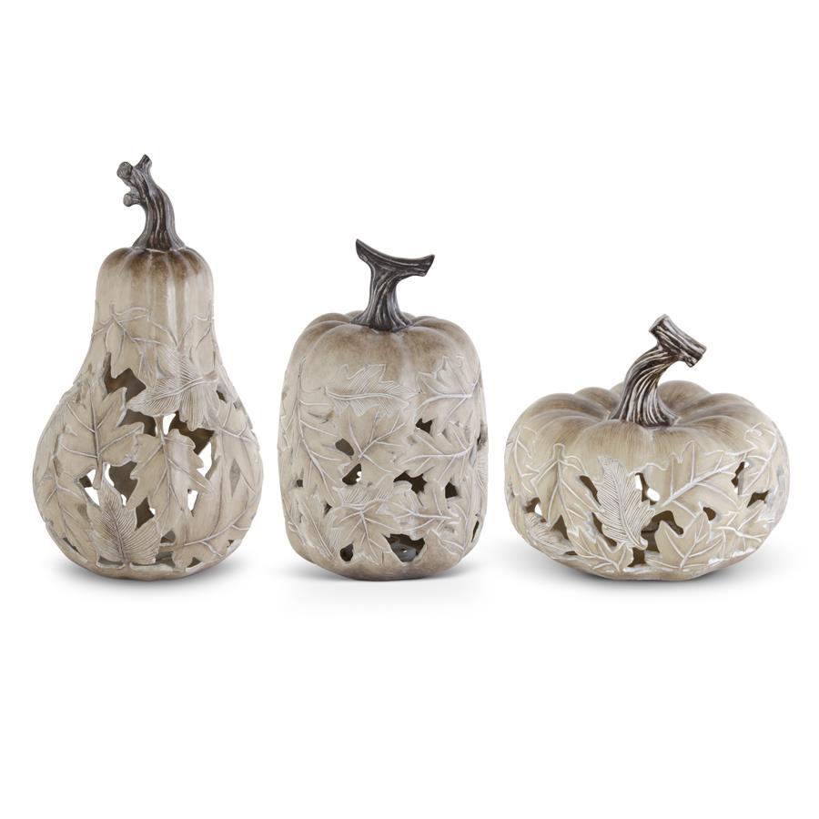 Shell Design Shop Set of 3 Tan Resin Led Maple Leaf Cutout Pumpkins w/ Timers
