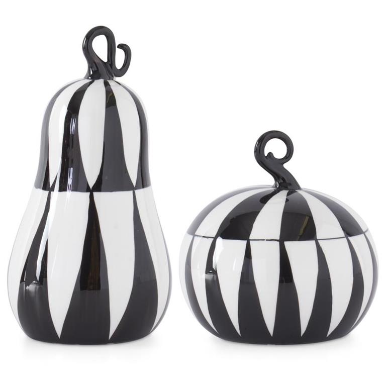Two black and white striped containers with hook tops on a white background