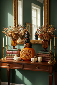 Black cat figurine wearing a witch hat and sitting on a pumpkin on an entry table with books and candles inside gold candle sticks with an ornate gold mirror in the back against a green wall 