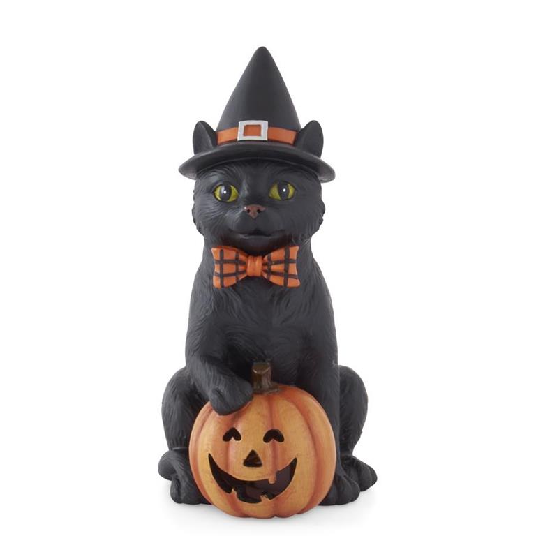 Design Shop 7.5 Inch Black Resin Cat W/Witch Hat & Led Jack O Lantern