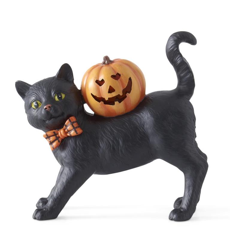 Design Shop 6.75 Inch Black Resin Cat W/Bow Tie & Led Jack O Lantern