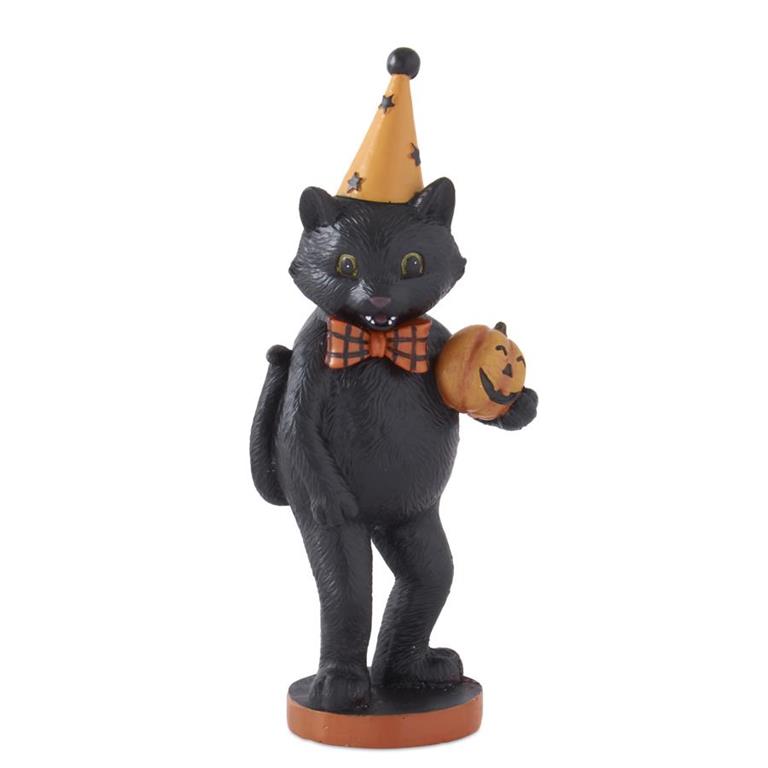 Halloween-themed black cat figurine with a pumpkin and witch hat on a white background