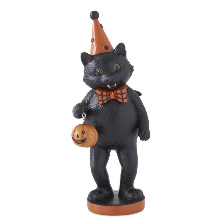 Halloween-themed black cat figurine with a pumpkin and witch hat on a white background