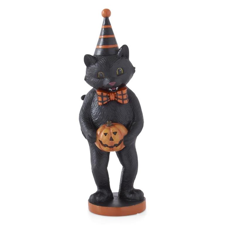Black cat figurine with a pumpkin and Halloween hat on a white background