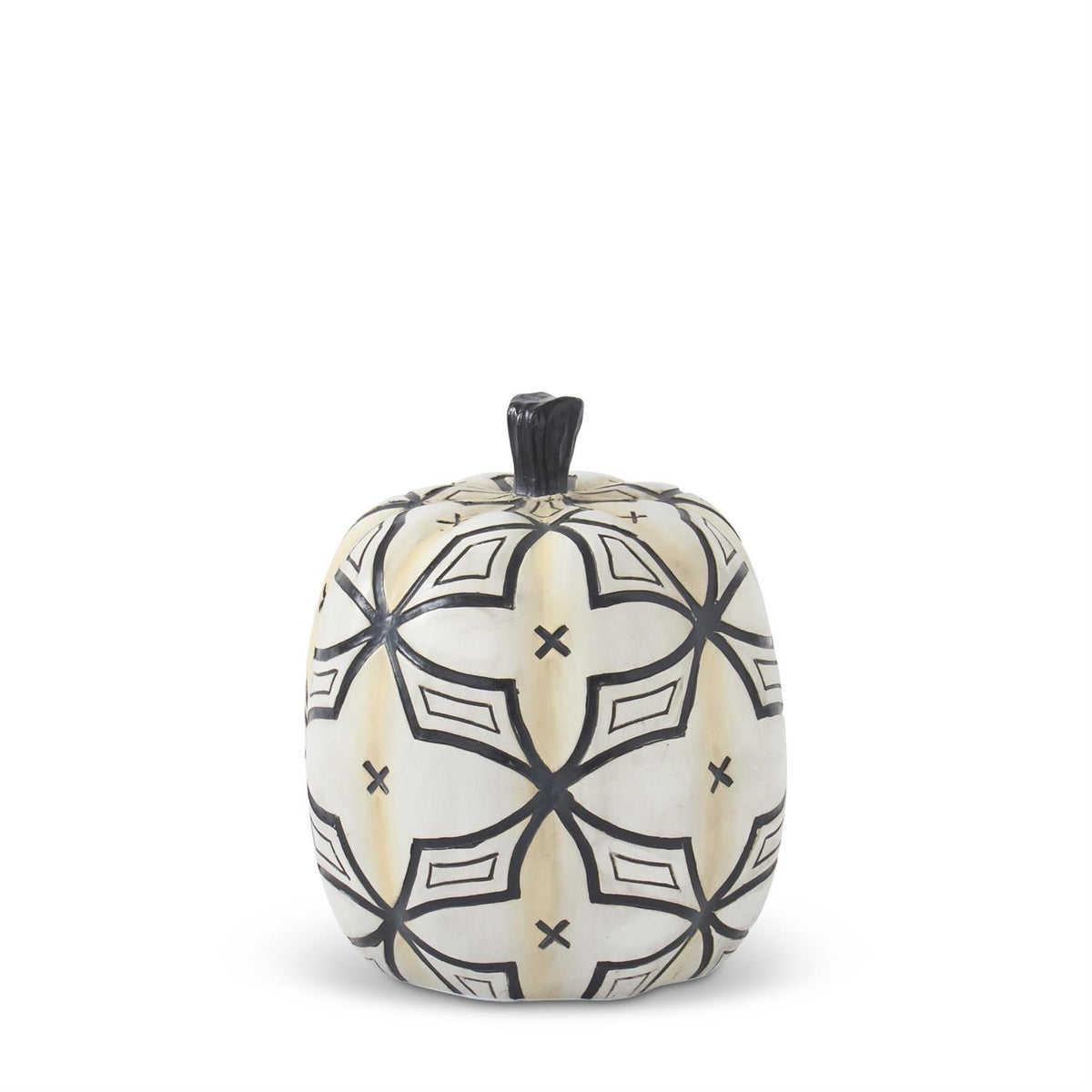 Decorative pumpkin with black geometric pattern on a white background