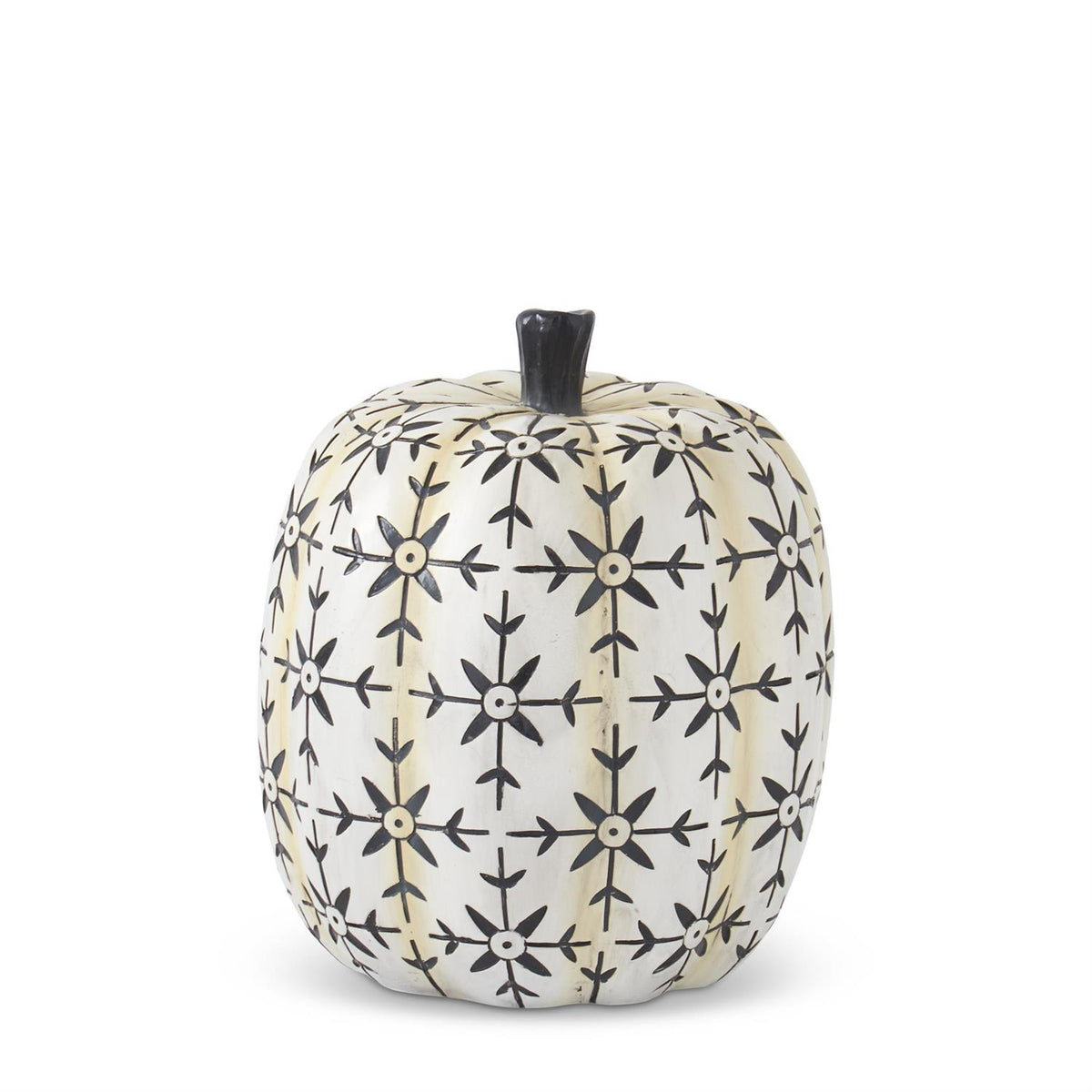 Decorative pumpkin with black geometric pattern on a white background