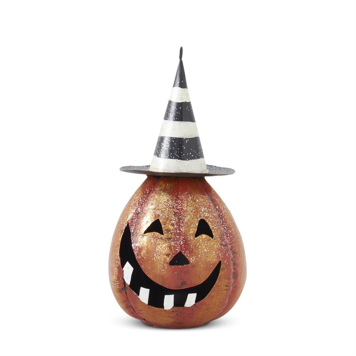 Glittery orange pumpkin jack-o’-lantern with a black-and-white striped witch hat on a white background.