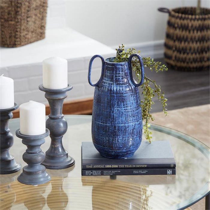 Design Shop  13 inch Blue Ceramic Vase w/ Handles