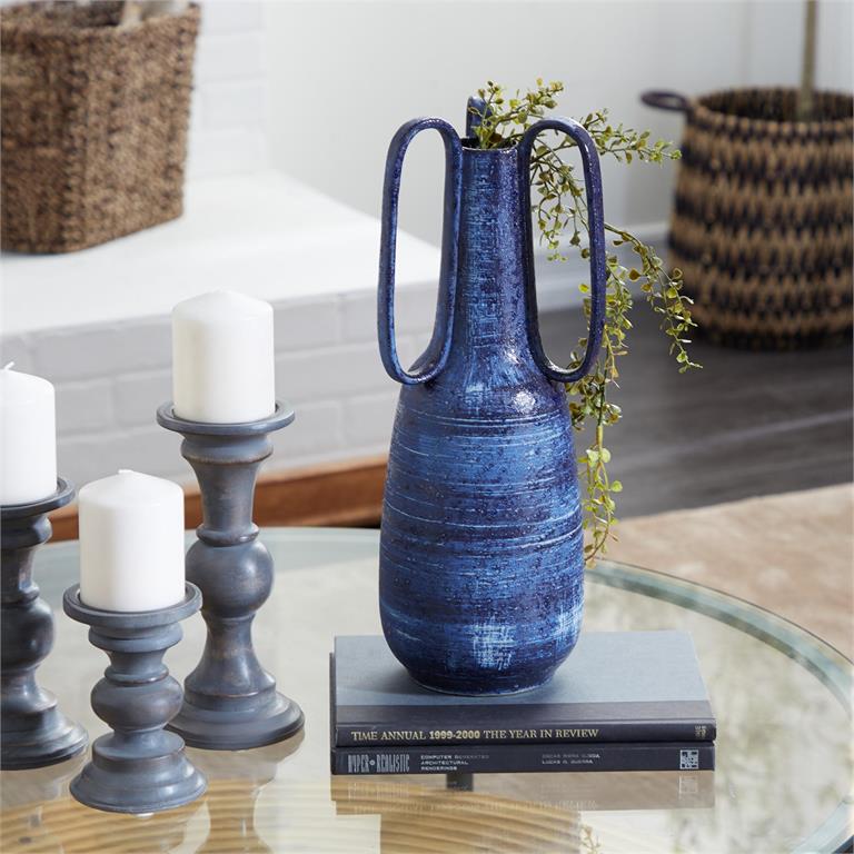 Design Shop  17 inch Blue Ceramic Vase w/ Handles
