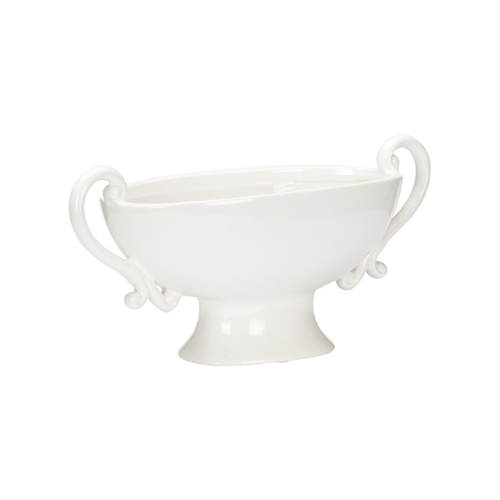 White ceramic footed bowl with handles on a white background