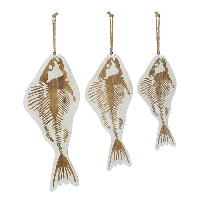 White Wood Fish Wall Decor with Hanging Rope, Set of 3