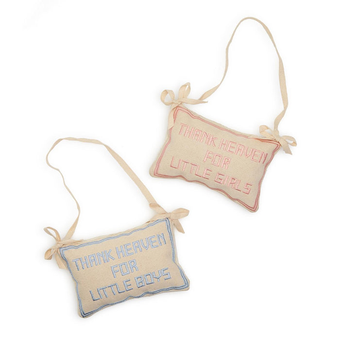 Design Shop Thank Heaven Embroidered Pillow Door Hanger Décor - Cotton Canvas/Velvet/Polyester Fill, Set of 2.