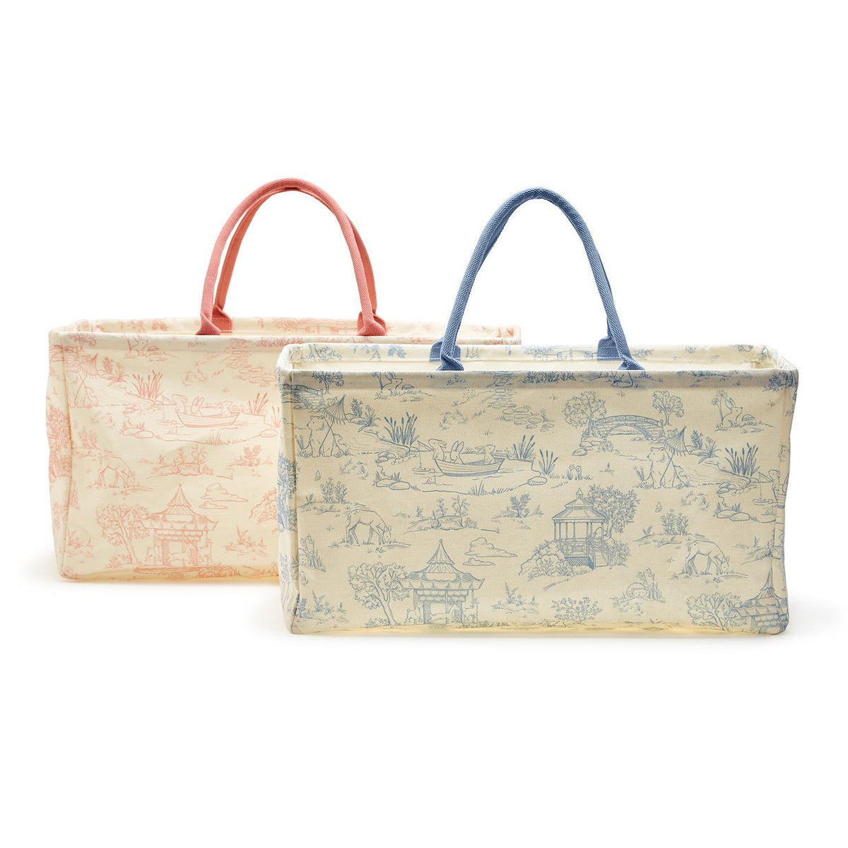 Design Shop Animal Toile Hamper / Storage Tote, Pink and Blue - Recycled Cotton Canvas/Cotton, Set of 2.