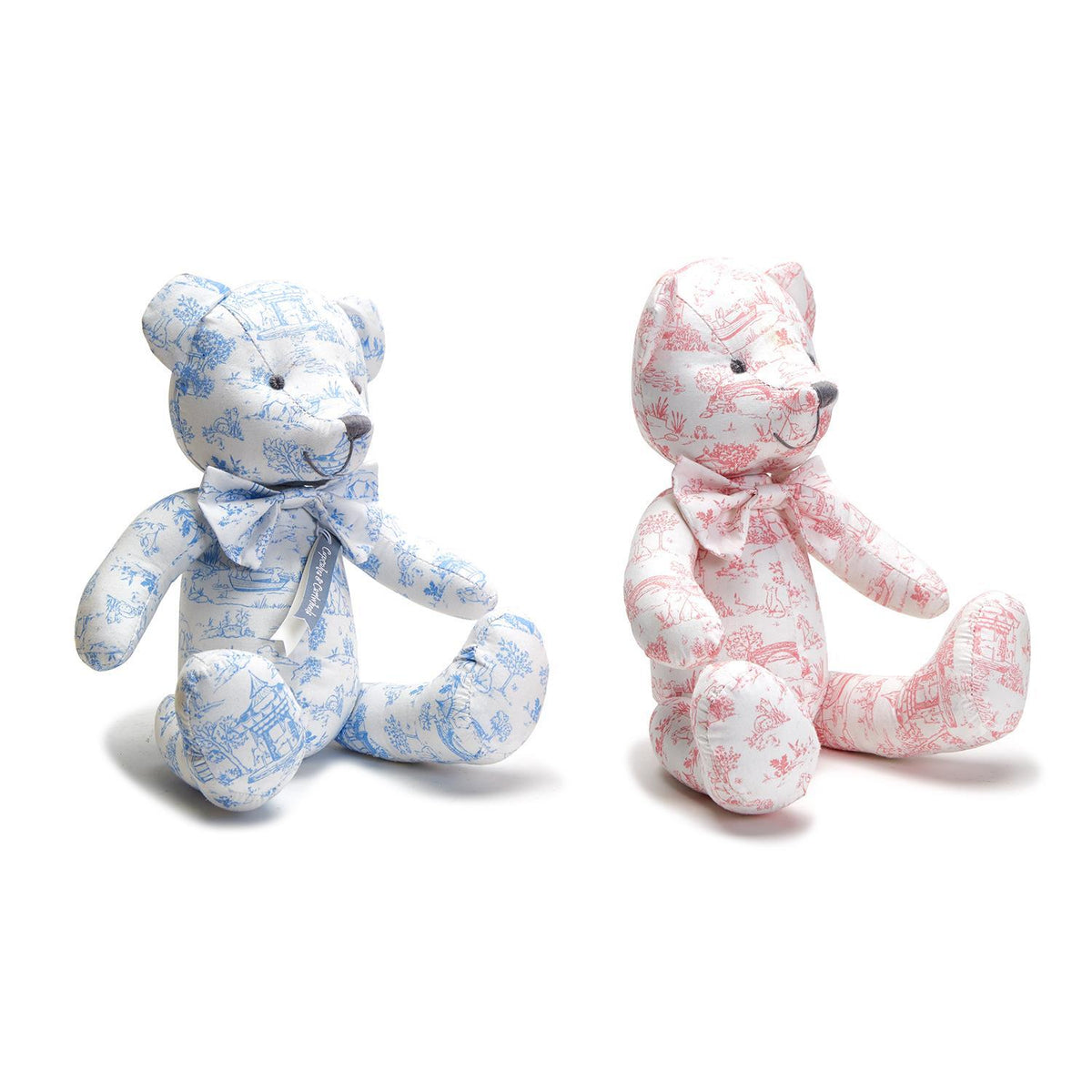 Design Shop Animal Toile Pattern Stuffed Teddy Bear with Movable Arms and Legs, Pink and Blue - Cotton/Polyester Fill, Set of 2.