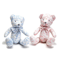 Design Shop Animal Toile Pattern Stuffed Teddy Bear with Movable Arms and Legs, Pink and Blue - Cotton/Polyester Fill, Set of 2.