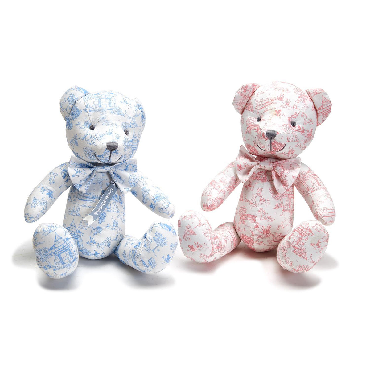 Design Shop Animal Toile Pattern Stuffed Teddy Bear with Movable Arms and Legs, Pink and Blue - Cotton/Polyester Fill, Set of 2.
