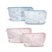 Design Shop Animal Toile Quilted Multipurpose Pouches with Lining, Pink and Blue - Cotton Canvas/Polyester/Nylon, Set of 2.