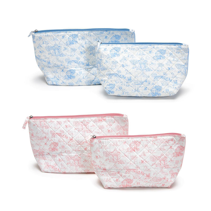 Design Shop Animal Toile Quilted Multipurpose Pouches with Lining, Pink and Blue - Cotton Canvas/Polyester/Nylon, Set of 2.