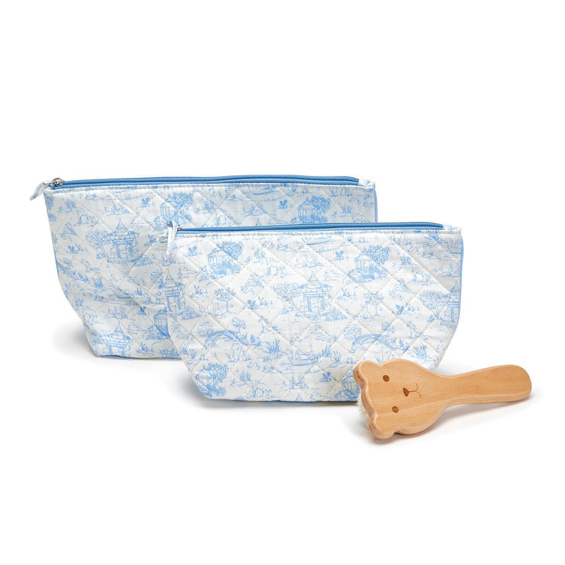 Design Shop Animal Toile Quilted Multipurpose Pouches with Lining, Pink and Blue - Cotton Canvas/Polyester/Nylon, Set of 2.