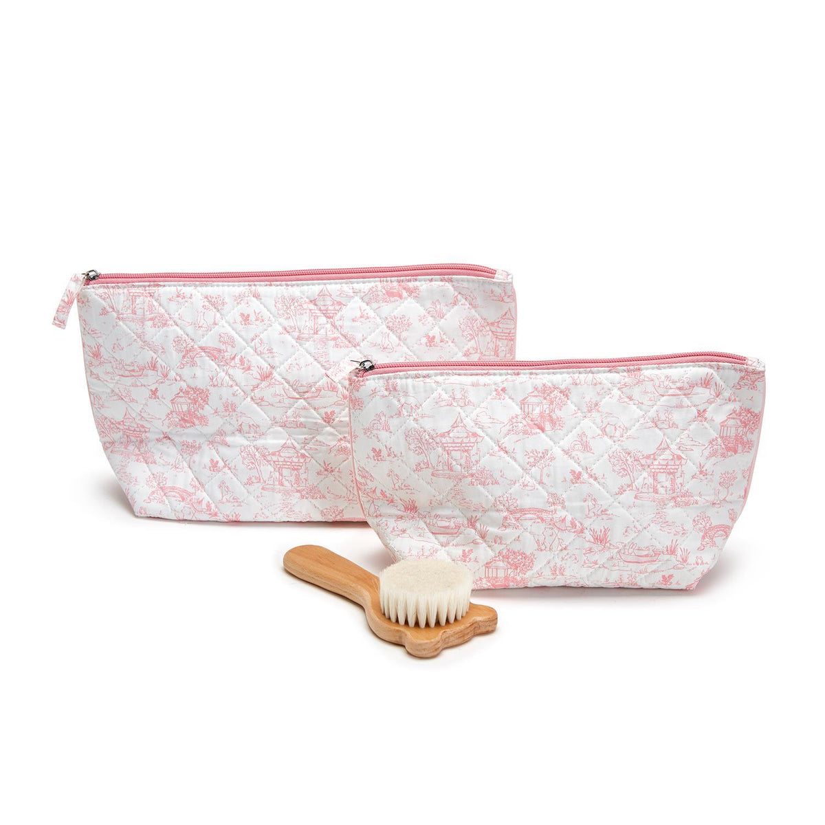 Design Shop Animal Toile Quilted Multipurpose Pouches with Lining, Pink and Blue - Cotton Canvas/Polyester/Nylon, Set of 2.