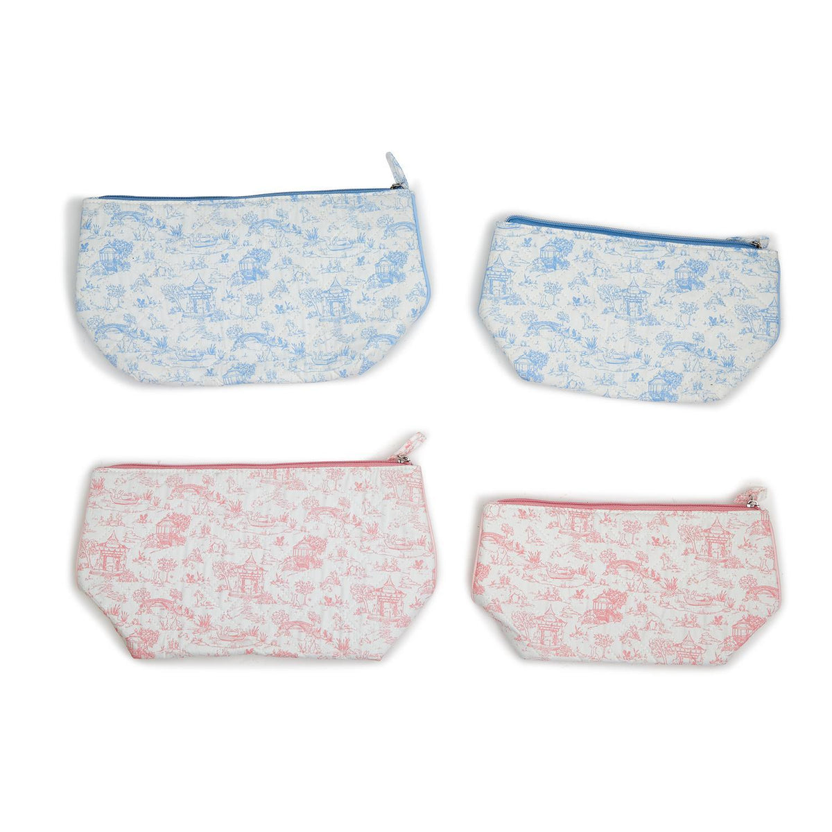 Design Shop Animal Toile Quilted Multipurpose Pouches with Lining, Pink and Blue - Cotton Canvas/Polyester/Nylon, Set of 2.